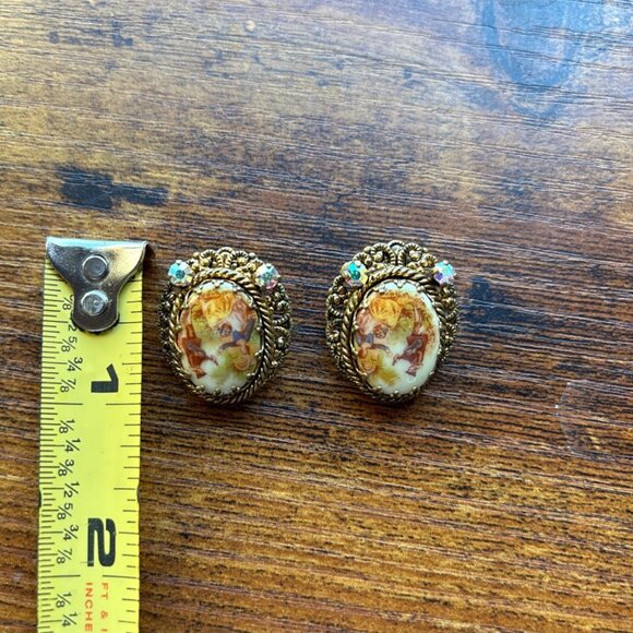 Vintage West Germany Victoria Clip-On Earrings Painted Romantic  Rhinestones - Picture 8 of 9